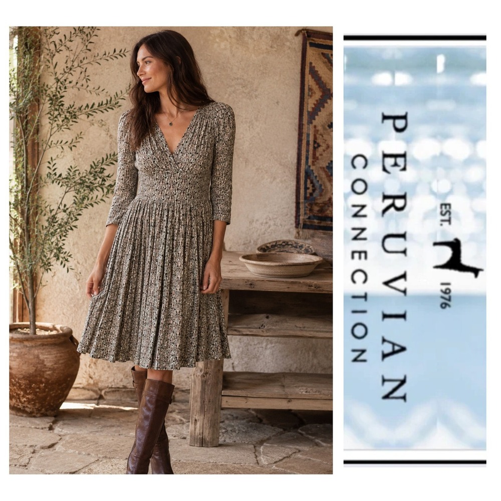 Peruvian Connection Falling Leaves Jersey Knit Faux Wrap Boho Fit Flare Dress XS